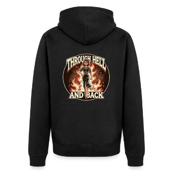 Durch die Hölle und zurück: Ikonische starke Frau - Unisex Premium Bio Zip Hoodie - Schwarz - Hinten - Nico (187cm)