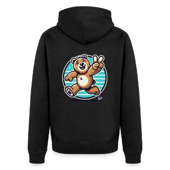 Laufender Bär mit Zwinkern und Peace-Zeichen - Unisex Premium Bio Zip Hoodie - Schwarz - Hinten - Nico (187cm)