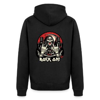 Sensenmann Rock-Musik-Konzert: Rock On! - Unisex Premium Bio Zip Hoodie - Schwarz - Hinten - Nico (187cm)