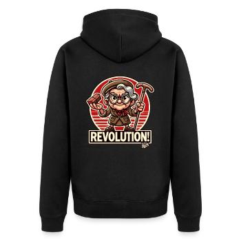 Witzige Oma mit Ziegelstein: Lustige Revolution - Unisex Premium Bio Zip Hoodie - Schwarz - Hinten - Nico (187cm)