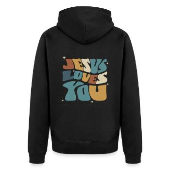 Jesus Liebt Dich Spirituelle Botschaft - Unisex Premium Bio Zip Hoodie - Schwarz - Hinten - Nico (187cm)