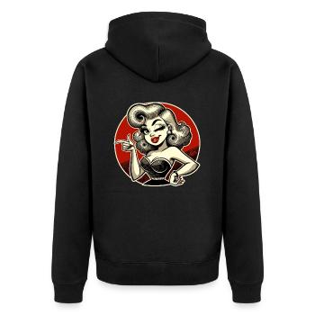 Retro-Blondine mit Zwinkern und Schnipsen - Unisex Premium Bio Zip Hoodie - Schwarz - Hinten - Nico (187cm)