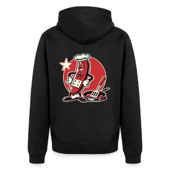Der Koch ist eine lustige Bratwurst mit Pfanne - Unisex Premium Bio Zip Hoodie - Schwarz - Hinten - Nico (187cm)
