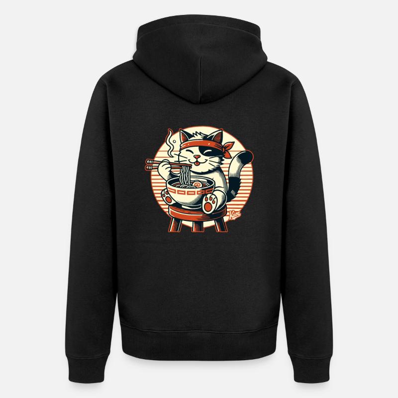 Manger des ramen, chat heureux - Veste à capuche bio Premium Unisexe - noir