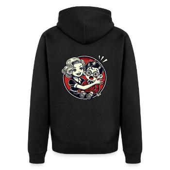 femme rétro prenant soin d’un nerd timide - Veste à capuche bio Premium Unisexe - noir - Dos - Nico (187cm)