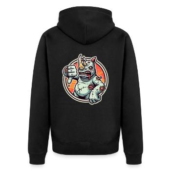 Unzufrieden und Daumen-runter-Zombie-Nashorn - Unisex Premium Bio Zip Hoodie - Schwarz - Hinten - Nico (187cm)