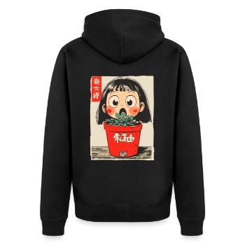 fille de dessin animé derrière un pot de fleurs - Veste à capuche bio Premium Unisexe - noir - Dos - Nico (187cm)