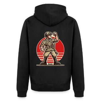 Stolzer Vintage Cartoon Soldat - Unisex Premium Bio Zip Hoodie - Schwarz - Hinten - Nico (187cm)