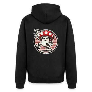 Fröhlicher Pilz mit Peace-Zeichen - Unisex Premium Bio Zip Hoodie - Schwarz - Hinten - Nico (187cm)