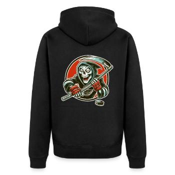 Sensemann beim Eishockey mit Puck - Unisex Premium Bio Zip Hoodie - Schwarz - Hinten - Nico (187cm)