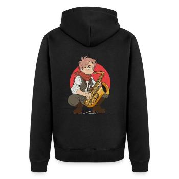 Un garçon joue du saxophone - Veste à capuche bio Premium Unisexe - noir - Dos - Nico (187cm)