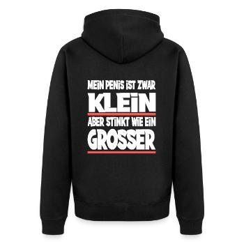 Mein Penis ist zwar klein - Unisex Premium Bio Zip Hoodie - Schwarz - Hinten - Nico (187cm)