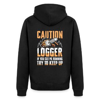 Logger If You see Me Running Try To Keep Up - Unisex Premium Bio Zip Hoodie - Schwarz - Hinten - Nico (187cm)