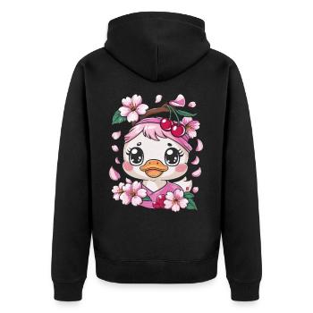 Entchen mit Kirschen und Sakura Kirschblüten - Unisex Premium Bio Zip Hoodie - Schwarz - Hinten - Nico (187cm)