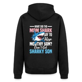 What Did The Mom Shark Say - Unisex Premium Bio Zip Hoodie - Schwarz - Hinten - Nico (187cm)