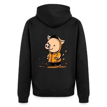 Cheerful pig in the rain in yellow raincoat - Unisex Premium Organic Zip Hoodie - black - Back - Nico (187cm)