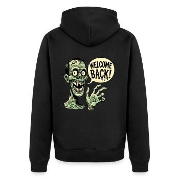 Happy Zombie: Welcome Back - Unisex Premium Organic Zip Hoodie - black - Back - Nico (187cm)