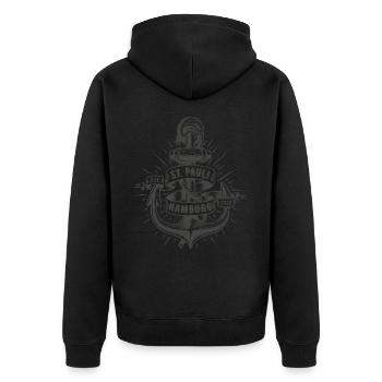 St. Pauli Anker Reeperbahn Kiez - Unisex Premium Bio Zip Hoodie - Schwarz - Hinten - Nico (187cm)