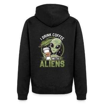 Witziges Ich trinke Kaffee mit Aliens - Unisex Premium Bio Zip Hoodie - Schwarz - Hinten - Nico (187cm)
