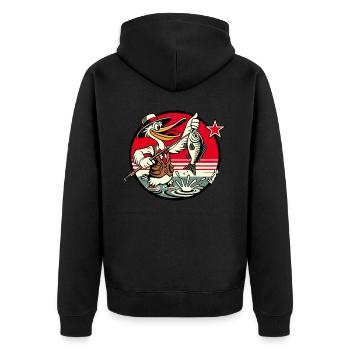 Pelikan Vogel Angler mit Angel und Fisch - Unisex Premium Bio Zip Hoodie - Schwarz - Hinten - Nico (187cm)