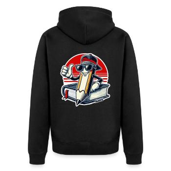 Cooler Bleistift mit Buch und Daumen hoch - Unisex Premium Bio Zip Hoodie - Schwarz - Hinten - Nico (187cm)