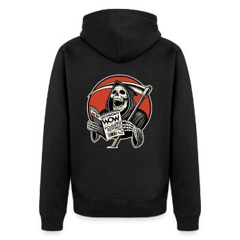 Grim Reaper lit un magazine d’affaires et rit - Veste à capuche bio Premium Unisexe - noir - Dos - Nico (187cm)
