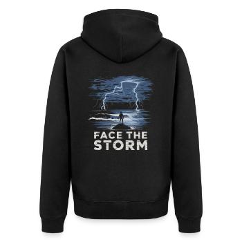 Face The Storm Power Strength Thunder Design - Unisex Premium Bio Zip Hoodie - Schwarz - Hinten - Nico (187cm)