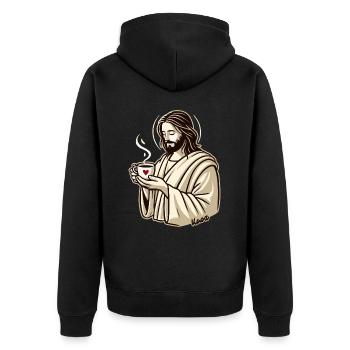 Jesus-Typ liebt Kaffee - Unisex Premium Bio Zip Hoodie - Schwarz - Hinten - Nico (187cm)