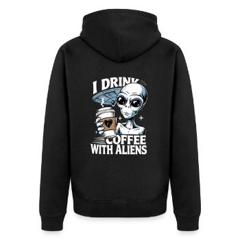 Witziges Ich trinke Kaffee mit Aliens - Unisex Premium Bio Zip Hoodie - Schwarz - Hinten - Nico (187cm)