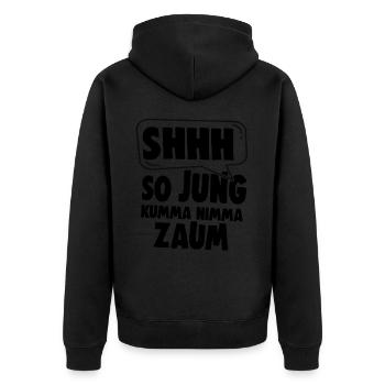 SHHH So Jung Kumma Nimmy Zaum - Unisex Premium Bio Zip Hoodie - Schwarz - Hinten - Nico (187cm)