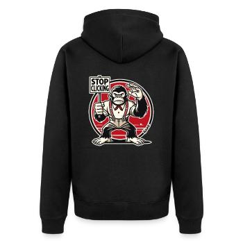 Gorilla Affe mit Schild: Hör auf zu klicken - Unisex Premium Bio Zip Hoodie - Schwarz - Hinten - Nico (187cm)