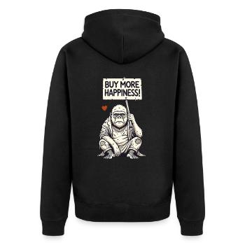 Satirischer Gorilla mit Schild: Kauft mehr Glück - Unisex Premium Bio Zip Hoodie - Schwarz - Hinten - Nico (187cm)