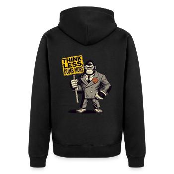 Weniger denken, mehr dümmer Gorillaim Anzug - Unisex Premium Bio Zip Hoodie - Schwarz - Hinten - Nico (187cm)