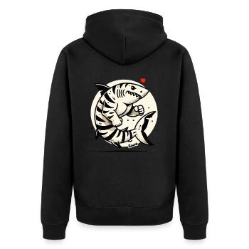 Muskulöser Tigerhai: Hai Kraftpaket der Meere - Unisex Premium Bio Zip Hoodie - Schwarz - Hinten - Nico (187cm)
