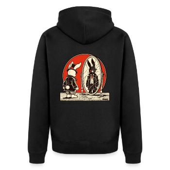 Düsterer Hase vor zerbrochenem Spiegel - Unisex Premium Bio Zip Hoodie - Schwarz - Hinten - Nico (187cm)