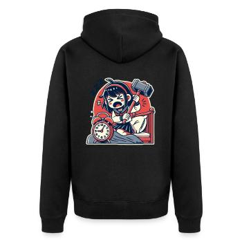 Müdes Mädchen mit Hammer und ein Wecker - Unisex Premium Bio Zip Hoodie - Schwarz - Hinten - Nico (187cm)