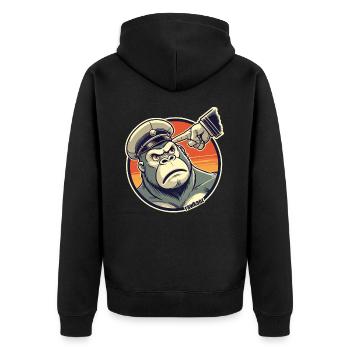 Strenger Affe mit Mütze bekommt den Finger - Unisex Premium Bio Zip Hoodie - Schwarz - Hinten - Nico (187cm)