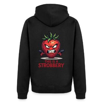 This Is A Strobbery – Lustige Erdbeer Gangster - Unisex Premium Bio Zip Hoodie - Schwarz - Hinten - Nico (187cm)