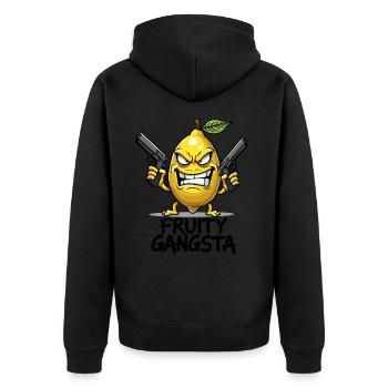 Fruity Gangsta – Lustige Zitronen Gangster - Unisex Premium Bio Zip Hoodie - Schwarz - Hinten - Nico (187cm)