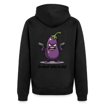 Badass Aubergine – Go Ahead, Make My Day - Unisex Premium Bio Zip Hoodie - Schwarz - Hinten - Nico (187cm)