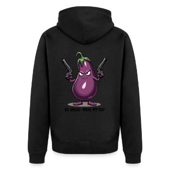 Badass Aubergine – Go Ahead, Make My Day - Unisex Premium Bio Zip Hoodie - Schwarz - Hinten - Nico (187cm)
