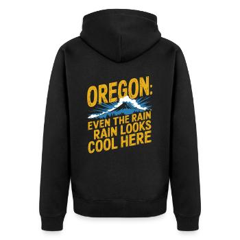 Oregon: Even the rain looks cool here - Unisex Premium Organic Zip Hoodie - black - Back - Nico (187cm)
