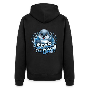 Experience the day with a cheerful seal - - Unisex Premium Organic Zip Hoodie - black - Back - Nico (187cm)