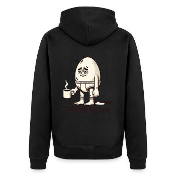 Tired Morning Egg with Coffee – "Never Again" - Unisex Premium Organic Zip Hoodie - black - Back - Nico (187cm)