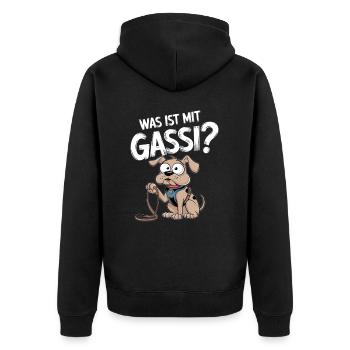 Was Ist Mit Gassi? Lustiger Hund Fragt Nach - Unisex Premium Bio Zip Hoodie - Schwarz - Hinten - Nico (187cm)