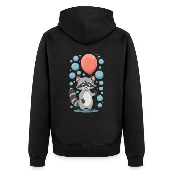 Fröhlicher Waschbär mit Luftballon und Blasen - Unisex Premium Bio Zip Hoodie - Schwarz - Hinten - Nico (187cm)