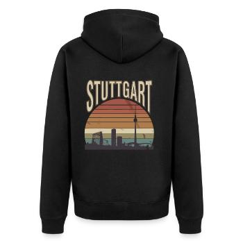 Stuttgart Skyline im Vintage Look mit - Unisex Premium Bio Zip Hoodie - Schwarz - Hinten - Nico (187cm)