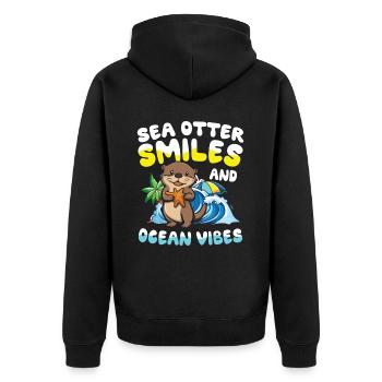 Seaotter Smiles and Ocean Vibes für einen Otter - Unisex Premium Bio Zip Hoodie - Schwarz - Hinten - Nico (187cm)