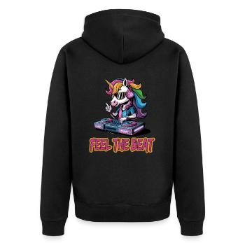 Feel The Beat DJ Einhorn Musikliebhaber - Unisex Premium Bio Zip Hoodie - Schwarz - Hinten - Nico (187cm)