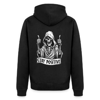 Stay Positive – Lustiger Sensenmann - Unisex Premium Bio Zip Hoodie - Schwarz - Hinten - Nico (187cm)